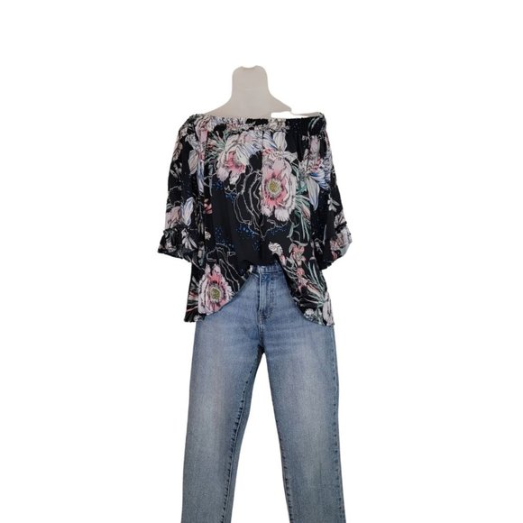 Jaase Boho Floral Flowy Bell Sleeve Shoulder Crop Blouse, XS. - Picture 3 of 9